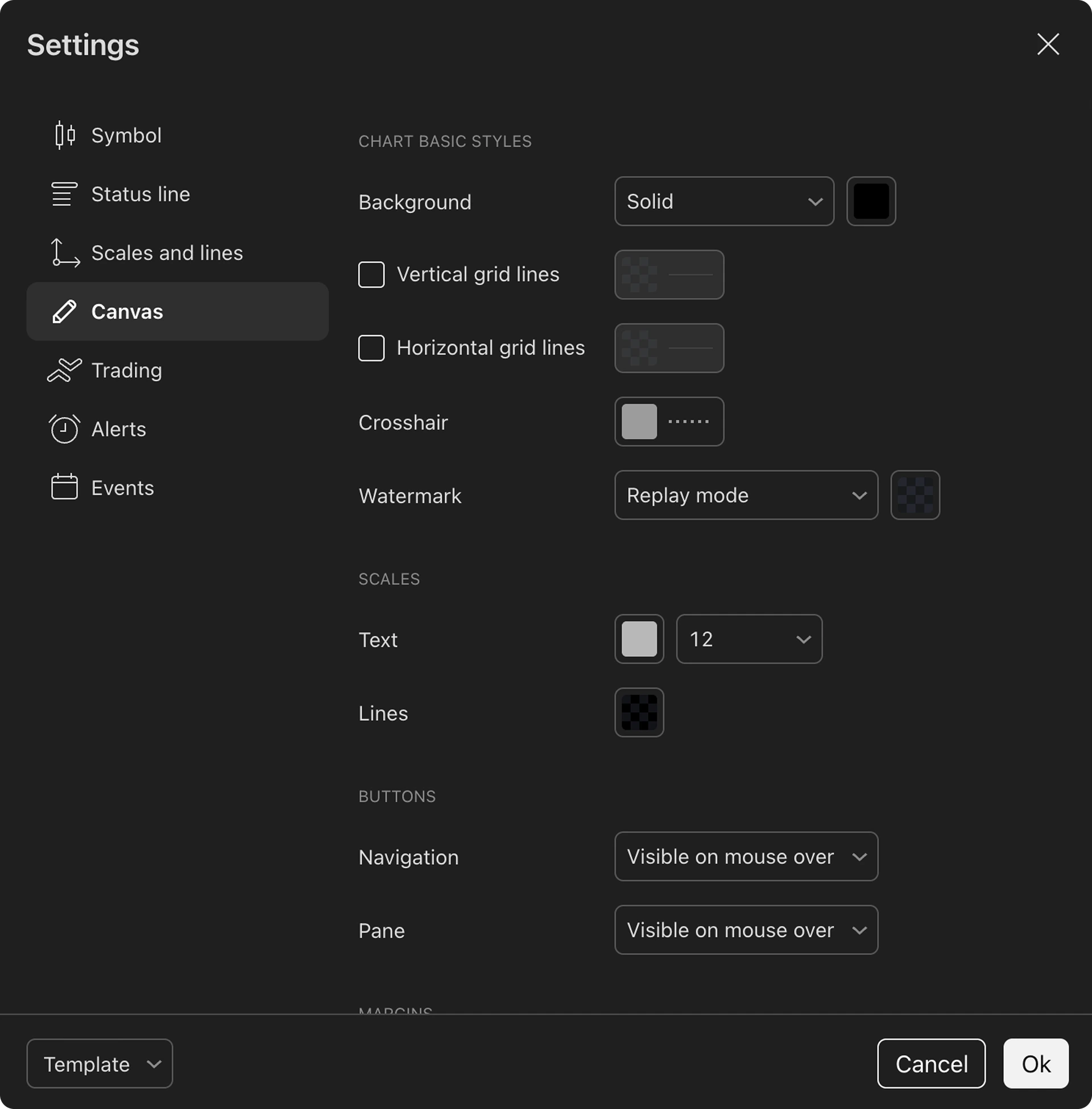Chart canvas settings panel with background, grid lines and scales options