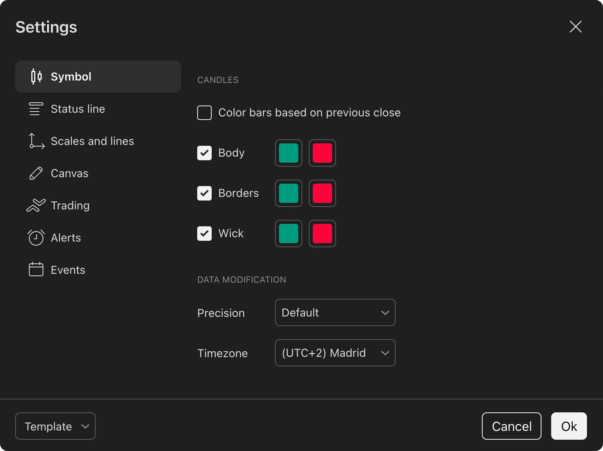Chart settings panel with candle colors, precision and timezone options