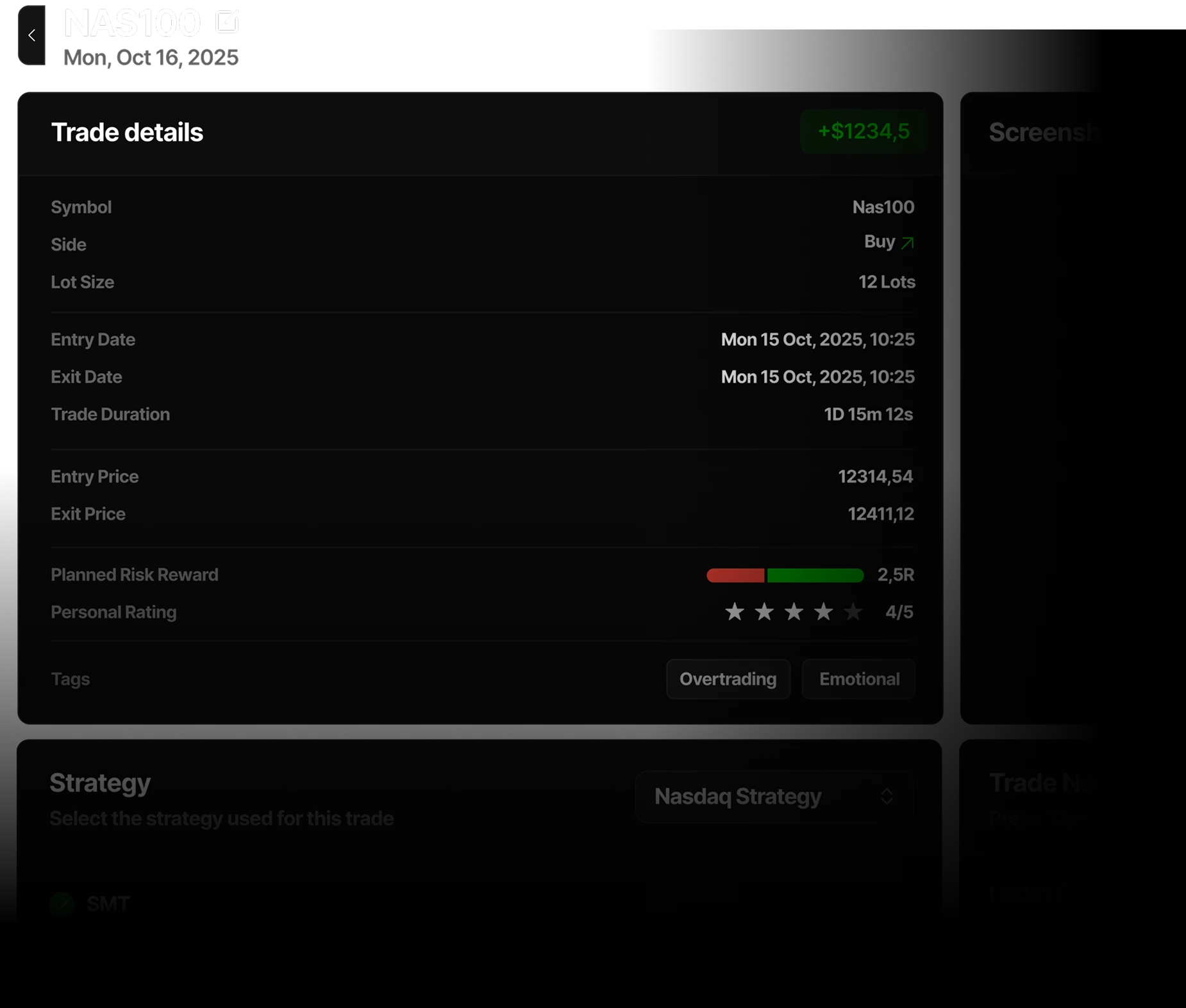 Backtesting trade review with details, strategy, screenshots and notes