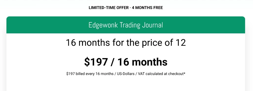 Edgewonk pricing offer showing $197 for 16 months with 4 months free