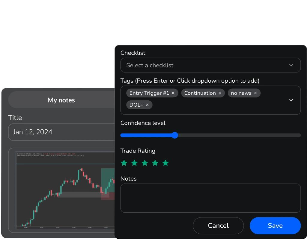 FX Replay trading journal interface for logging and reviewing trades