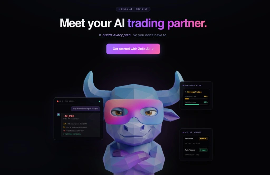 Zella AI promotional page with Meet your AI trading partner, chat insights, behavior alerts, and active agents